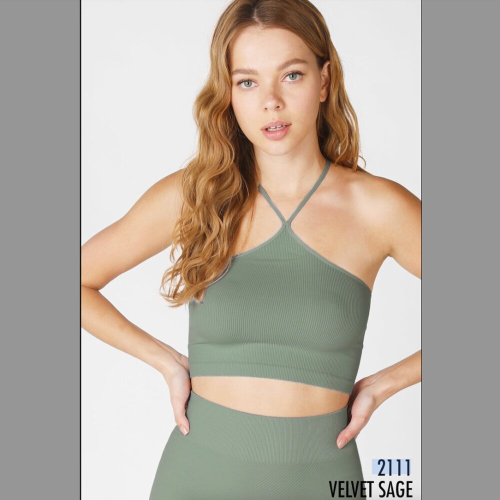 New Velvet Sage Green Ribbed Halter Bralette by Nikibiki